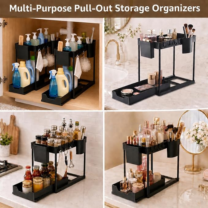 Under Sink Organizer for Bathroom/Kitchen, Large Capacity with Hooks & Cups - Image 5