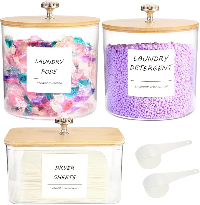3 Pack Laundry Room Organization Storage Containers, Plastic Clear Laundry Pods Container & Dryer Sheet Holder Jars with Lids, Scoops & Labels for Detergent, Powder, Dryer Balls, Beads - Image 7