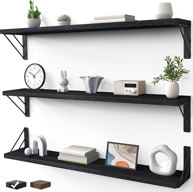 BAYKA Wall Mounted Floating Shelves, Wood, Black, Set of 3, 36in by Bayka