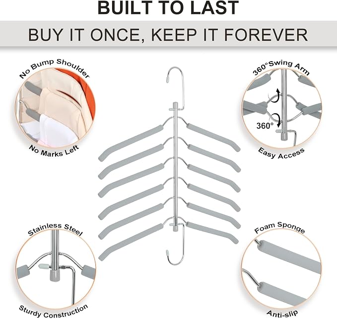 TOPIA HANGER Clothes Hanger Space Saving, 6 Tier Shirt Coat Hangers Space Saving No Bump Shoulder Hangers with No Slip Foam Padded Closet Organizers and Storage for Men and Women 4 Pack CT65G - Image 5