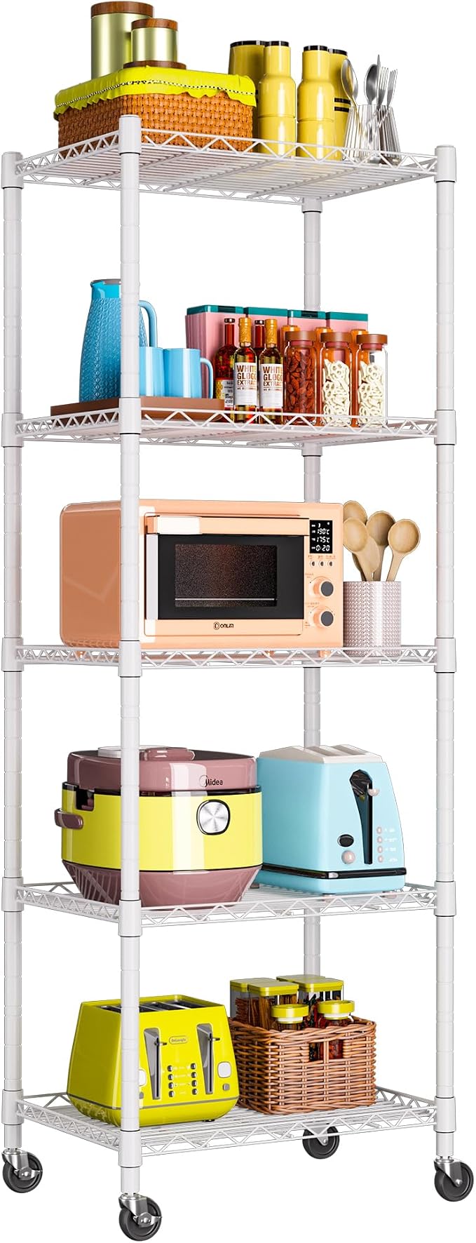REGILLER 5-Wire Shelving Metal Storage Rack Adjustable Shelves,Standing Storage Shelf Units for Laundry Bathroom Kitchen Pantry Closet(White,11.8" D x 16.6" W x 53.5" H,With Wheels) - Image 4