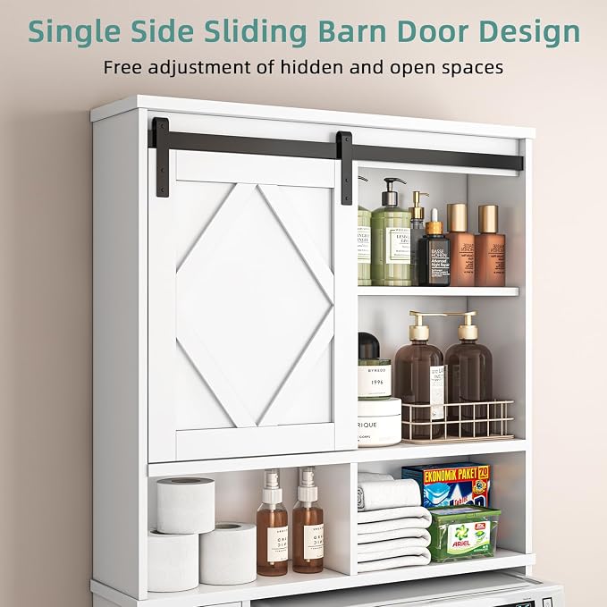 Over the Toilet Storage Cabinet with Farmhouse Sliding Barn Door, Above Toilet Organizer with Toilet Paper Holder Stand, Behind Toilet Shelf, Space Saver for Restroom, Bathroom, Laundry, White - Image 3
