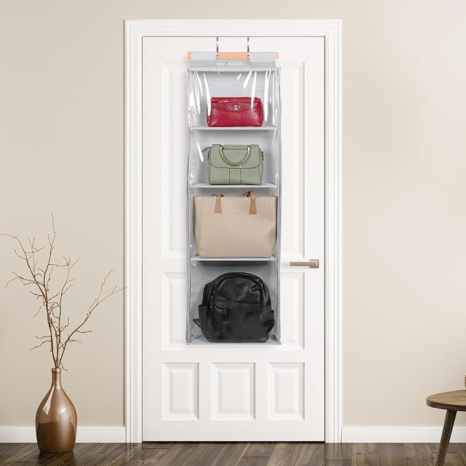 Syeeiex Hanging Handbag Purse Organizer with Zippers, 4 Mesh Shelves, Grey - Image 2