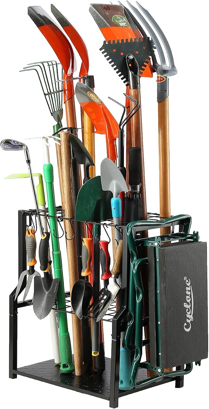 YueTong Garden Tool Organizer Heavy Duty,Yard Tool Tower Rack,Garage Storage Organization for Long Handle Tools,Rake,Brooms,Extra Hooks for Small Shovel,Shear.All Metal,Free Standing. by YueTong