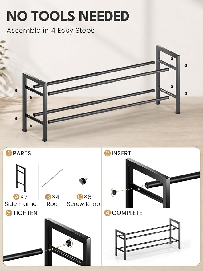 Bumusty 2 Tier Expandable Shoe Rack for Closet, Black | 18"-33" Adjustable Shoe Rack for Entryway, Small Shoe Organizer for Dorm, Front Door, Sturdy Metal - Image 8