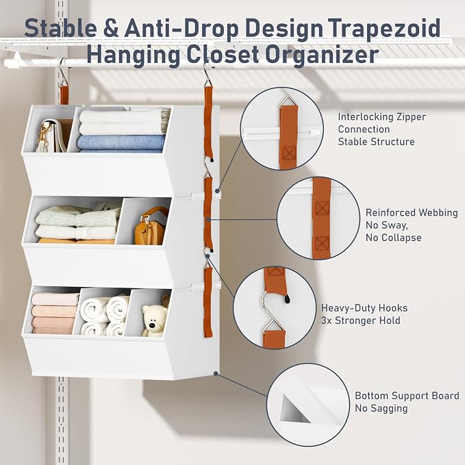 Hanging Closet Organizer Extra Large, Clothes Hanging Shelves for Closet with Divider, Collapsible Closet Storage System, Fabric Storage Bins for Home, Dorm, Rv, Sweaters, Handbags, Underwear, Sock - Image 4