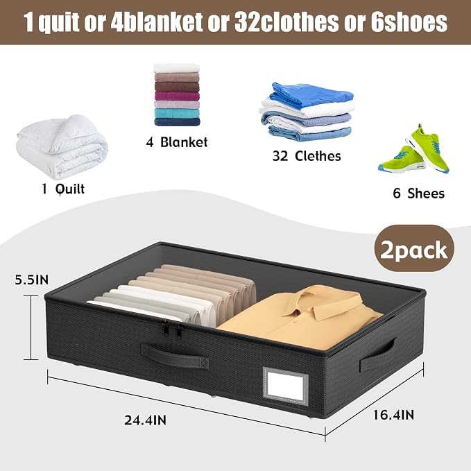 EE-RoomWorld Underbed Storage With Wheels, No Assembly Required - 5.5 Inch Height Black Underbed Bins, Low Profile Rolling Shoe Storage Containers for Dorm - Image 3