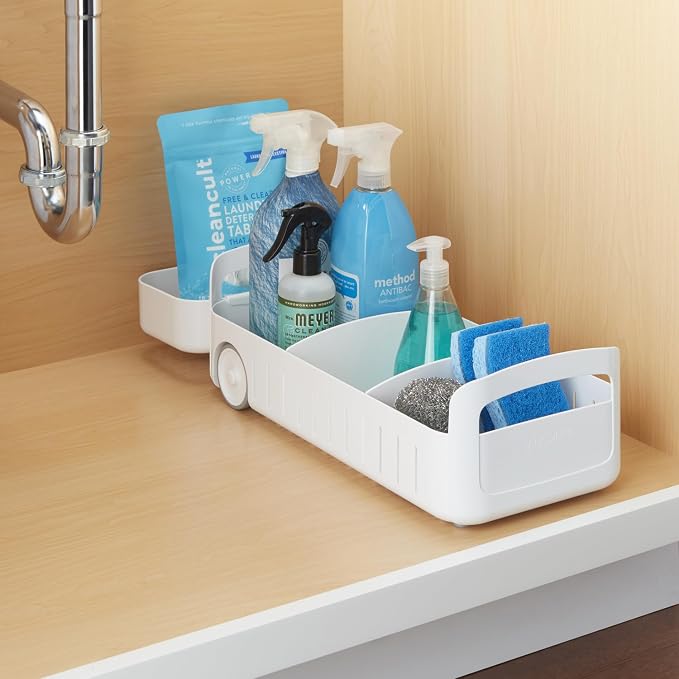 YouCopia RollOut Caddy Rolling Storage Bin with 2 Adjustable Dividers and Removable Basket for Kitchen and Bathroom Under Sink Organization, 8" Wide - Image 6