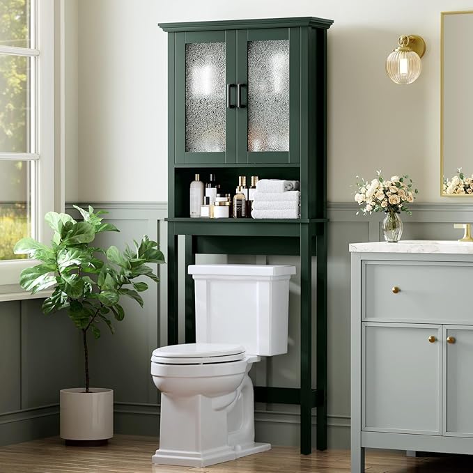 Over The Toilet Storage Cabinet, Over Toilet Storage with Glass Doors and Adjustable Shelf, Thicken Frame Above The Toilet Storage Cabinet Behind The Toilet Bathroom Organizer, Forest Green by Baztin