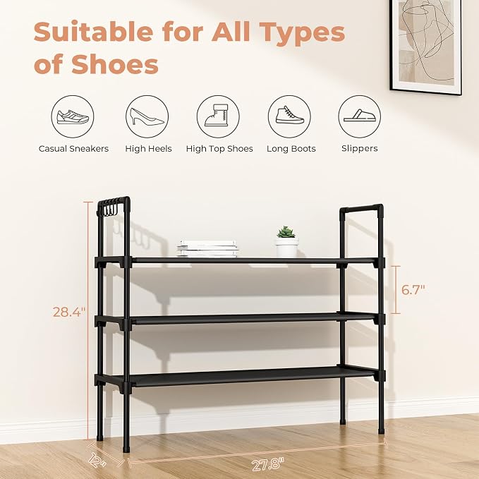 LANTEFUL 3 Tier Shoe Rack for Closet, Shoe Organizer with 5 Hooks, Long Shoe Shelf Storage for Sneaker and Boot Stackable Free Standing Shoe Rack for Entryway, Garage, Small Spaces, Dorm (Pack of 2) - Image 3