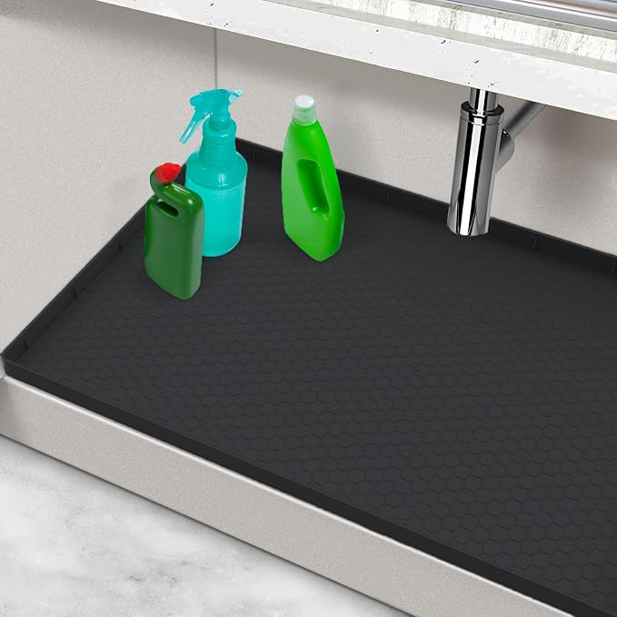 Silicone Under Sink Mat 25 x 19, Waterproof Under The Sink Mats for Kitchen, Under Kitchen Sink Mats and Protectors, Under Bathroom Sink Mat, Cabinet Liner Shelf Liner Black by MECHEER