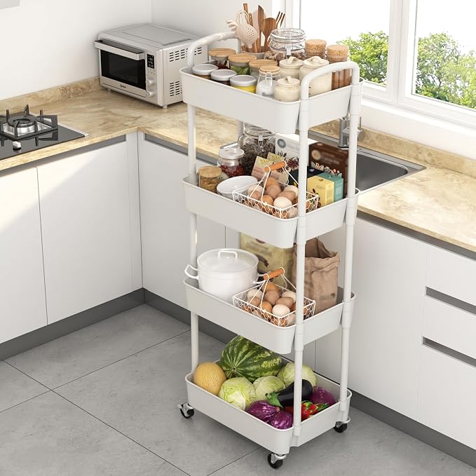 Sywhitta 4-Tier Plastic Rolling Utility Cart with Handle, Multi-Functional Storage Trolley for Office, Living Room, Kitchen, Movable Storage Organizer with Wheels, White (Pack of 2) - Image 5