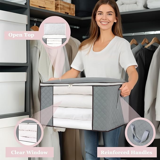 combocube Comforter Storage Bag, Zippered Bag with Large Clear Window and Carry Handles, Space Saver Organizers for Closet, Blanket, Pillow, Quilt, Bedding, Clothes (4Pcs Grey Large) - Image 5