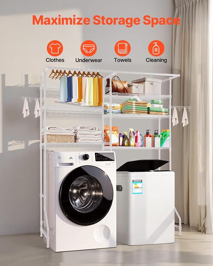 VEVOR Over The Washer and Dryer Storage Shelf, 6 Tier Laundry Room Drying Rack with Hanger Rod and Hooks, Adjustable Over Washer and Dryer Shelves, Laundry Room Shelf Storage Space Saver, White - Image 4