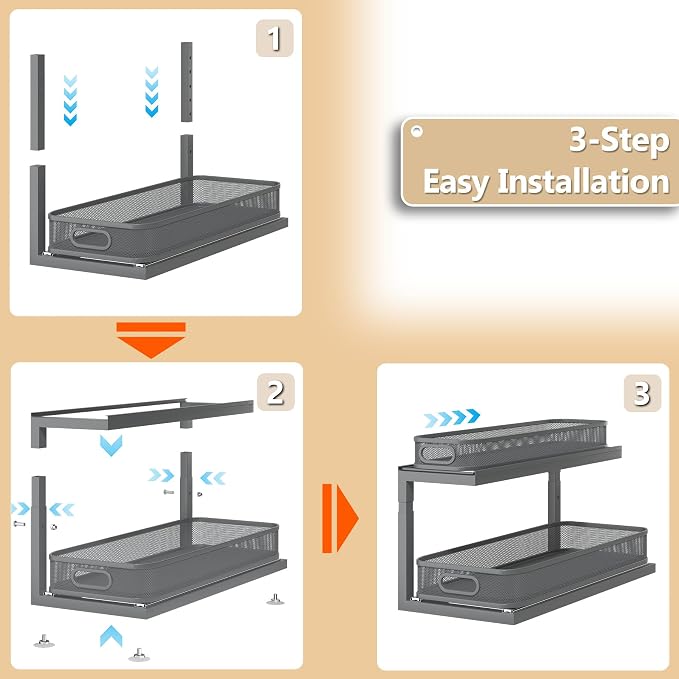 2-Pack 21.3 IN Depth Under Sink Organizer With Next-Gen Ball-Bearing Slides,Sophisticated Mesh 2-Tier Pull Out Shelf for Kitchen & Bathroom,Fits Small Items-Gun Gray - Image 6