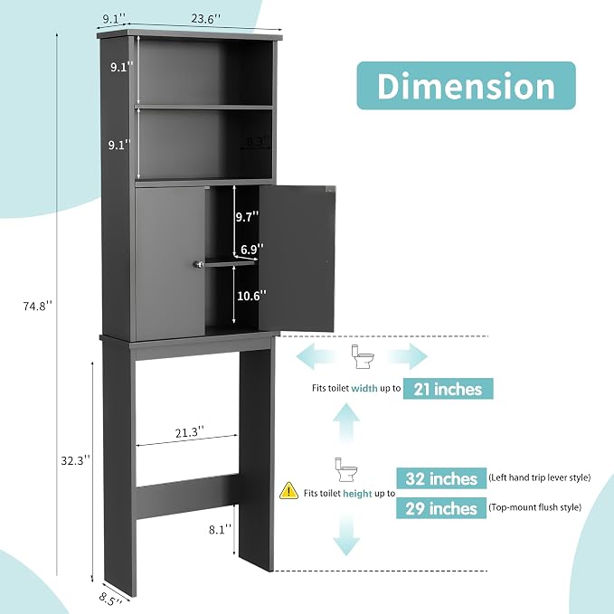 Shintenchi Over The Toilet Storage Cabinet, Bathroom Above The Toilet Rack, Bathroom Adjustable Shelf Organizer with Open Bottom Bar and Anti-Tip Device, Gray - Image 2