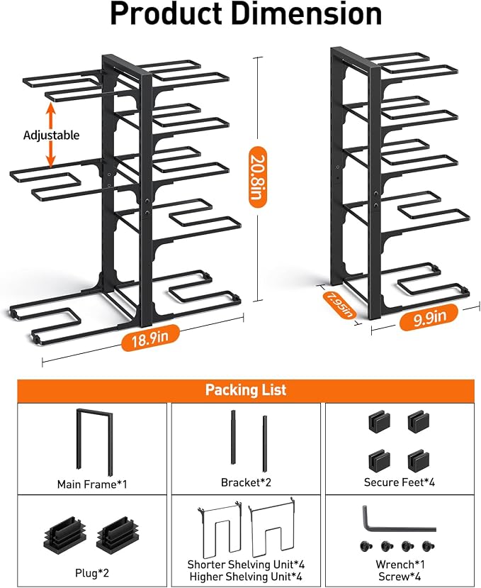 ORDORA Pots and Pans Organizer Under Cabinet 20.8", 8-Tier Adjustable Black - Image 3
