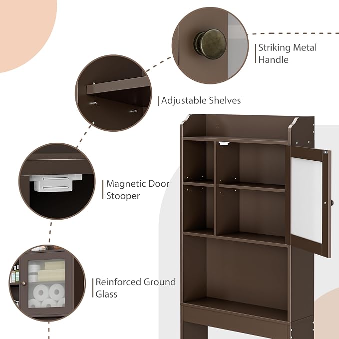 ZenStyle Over The Toilet Cabinet Double Door Wood Bathroom Storage Organizer with Adjustable Shelves, Cubby and Tempered Glass Door (Brown) - Image 9