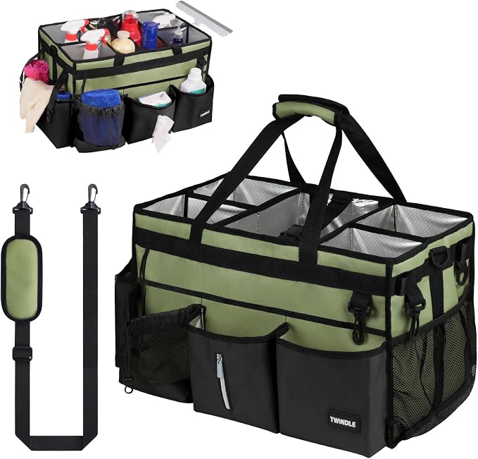 Extra Large Cleaning Caddy Bag with Built-In Support Board, Cleaning Tote Organizer with Removable Divider, Supply Carryall with Adjustable Shoulder Strap and Waist Belt for Cleaners & Housekeeper by TWINDLE