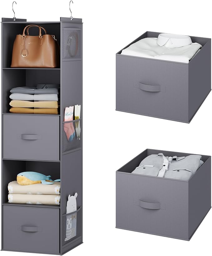 YOUDENOVA Hanging Closet Organizer, Hanging Shelves with Drawers, Dark Grey | Closet Organizers and Storage with 6 side pockets, Foldable Storage for Clothes, Socks, Underwear & More, Breathable Fabric - Image 6