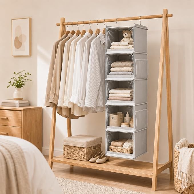 Vailando 5-Shelf Hanging Closet Organizer with Clear Dust Covers, Gray | Individual Clear Covers, Reinforced PP Shelves, 4 Side Pockets and Anti-slip Front Bars for Clothes, Shoes and Purses - Image 2