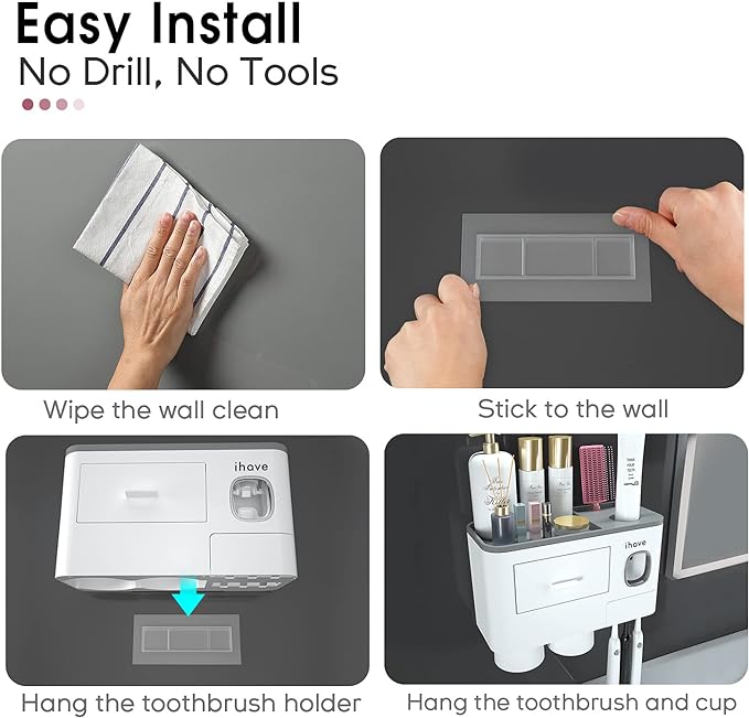 iHave Toothbrush Holders Wall Mounted with Toothpaste Dispenser & 2 Cups - Image 3