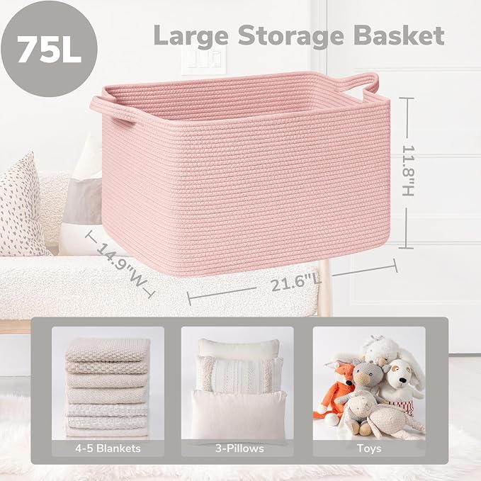 Goodpick Large Woven Rope Blanket Basket, Rectangle, Pink, 75L - Image 3