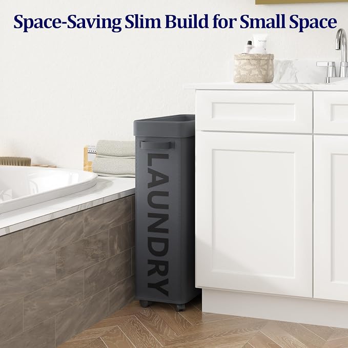 Optish 50L Slim Rolling Laundry Basket with Wheels & Removable Bag, Grey - Image 3
