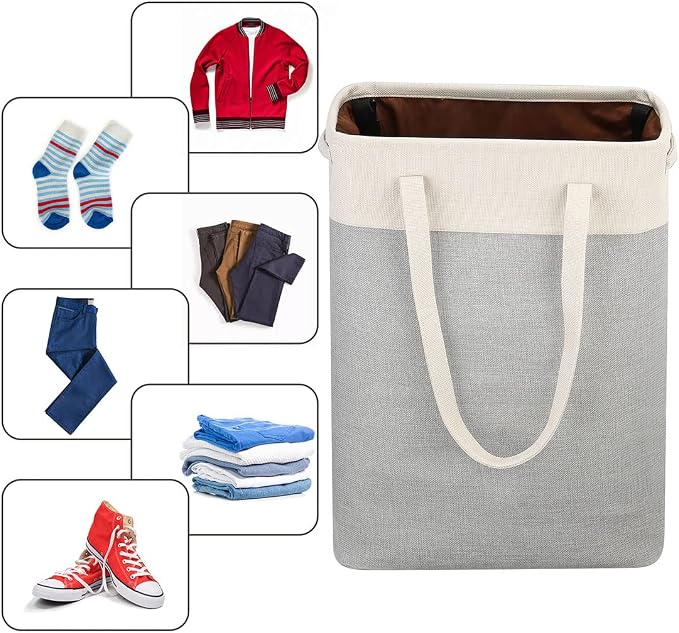 Laundry Basket with Handles Beige&Silver Slim Laundry Bin Collapsible Dirty Clothes Basket Narrow Laundry Bag Foldable Dirty Hamper for Camping, Dorms, Apartments - Image 5