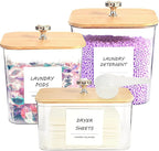 3 Pack Laundry Room Organization Storage Containers, Plastic Clear Laundry Pods Container & Dryer Sheet Holder Jars with Lids, Scoops & Labels for Detergent, Powder, Dryer Balls, Beads by Unknown