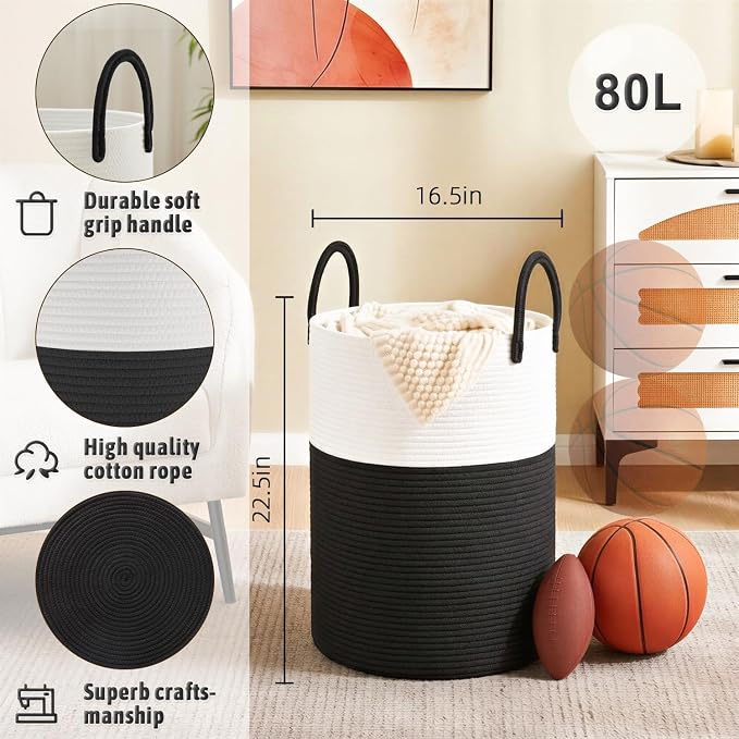 Artfeel Laundry Basket,Woven Cotton Rope Laundry Hamper,80L for Decorative Storage of Dirty Clothes,Toys and Blankets in Bathroom,Baby Room and Living Room - Image 5