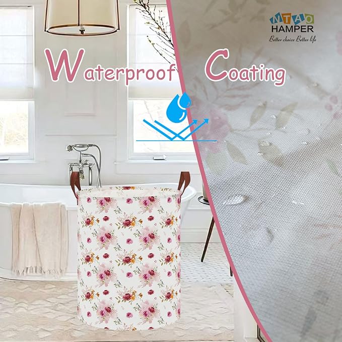 62L Vintage Rose Floral Laundry Hamper with Durable Leather Handle,Collapsible Storage Bin(Retro Pink Flowers） - Image 2