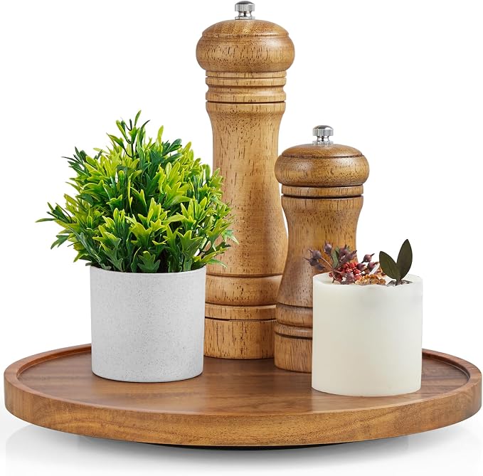 9" Acacia Wood Lazy Susan Turntable Organizer, Lazy Susan for Table Top Cabinet Dining Pantry Countertop Cupboard Organization, Decorative Tray for Kitchen Bathroom Decor Coffee Bar Accessories by Bivvclaz