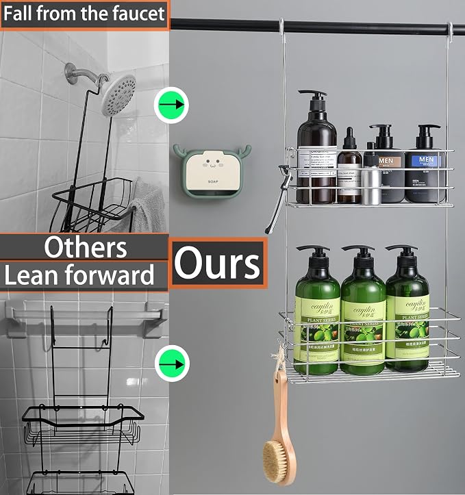 2-Tier Shower Caddy Hanging Shower Organizer Rack with Hooks Over The Door - Image 3