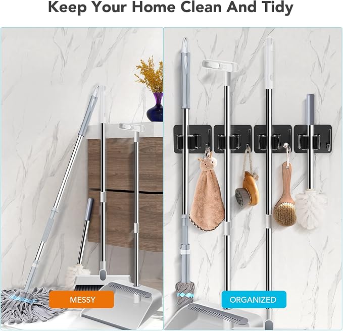 homeasy Broom Holder Wall Mount 4Pcs, Self Adhesive Mop Broom Hanger - Image 3