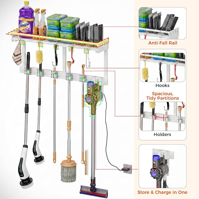 Broom Holder Wall Mount with Shelf,Broom Hanger,3 in 1 Broom and Mop Organizer Wall Hanging for Laundry,Garage,Utility,Broom Rack,Vacuum Stand Alternative,Cleaning Supplies Organizer Storage,White,L - Image 4