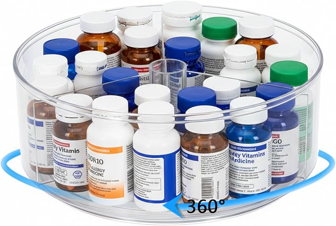 Lazy Susan Turntable Organizer, Plastic Round 360° Medicine & Vitamin Storage Tray, Rotating Pill Bottle Organizer for Bathroom Cabinet, Kitchen Countertop, Pantry, Vanity, Clear by Unknown