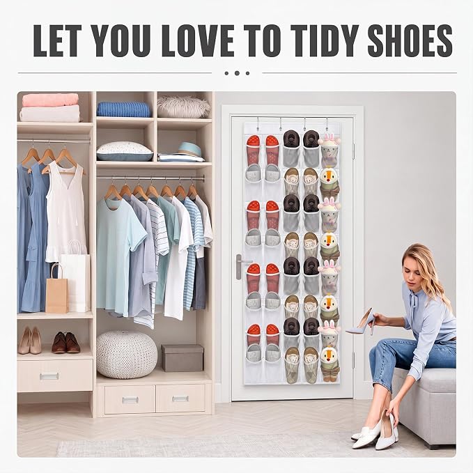 Windyun 1 Pcs 40 Pocket Over the Door Shoe Organizer Hang,Gray and White - Image 3