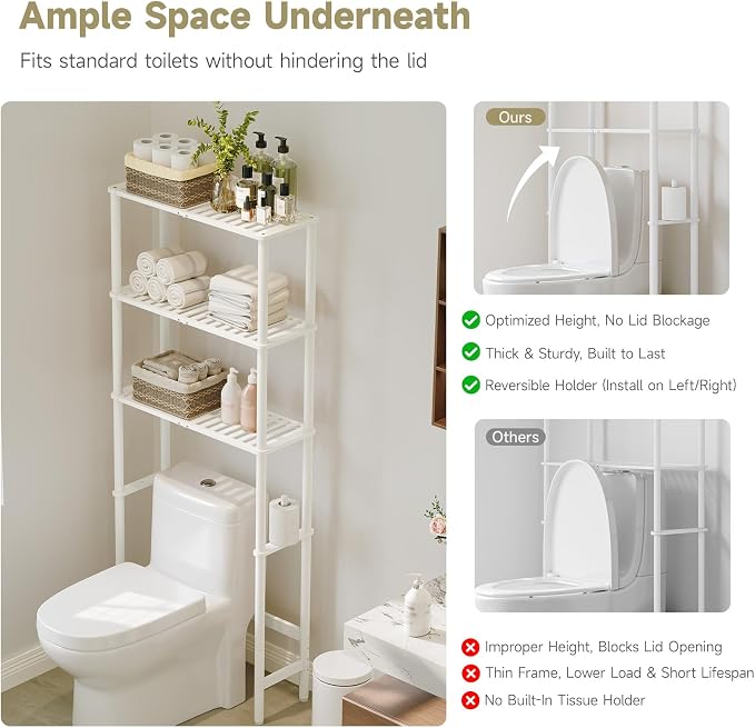 Over The Toilet Storage,3-Tier Bamboo Bathroom Shelf with Paper Holder - Image 4