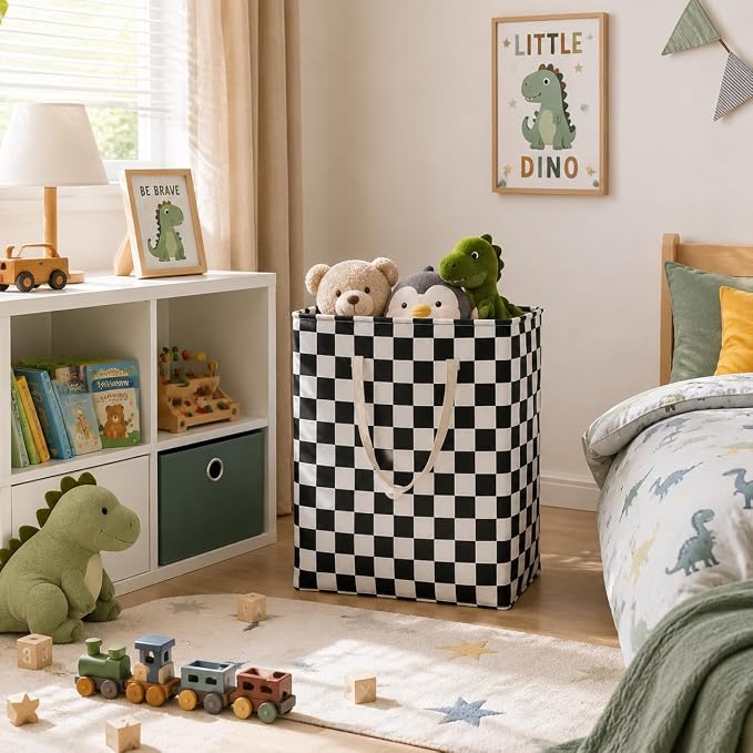 MAIZMZ 3 Pack Checkerboard Storage Basket for Boys Room, 14.6"x12.6"x19.7" Waterproof Linen Laundry Baskets with Handles Racing Room Decor, Gifts - Image 2