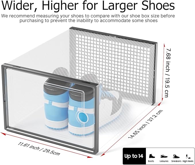 Kuject XXX-Large Shoe Storage Boxes 12 Pack, Clear Stackable Shoe Organizer | Shoe Case for Closet, Entryway & Under-Bed Storage, Drop-Front Design, Space-Saving Solution for Family Organization,Black - Image 2