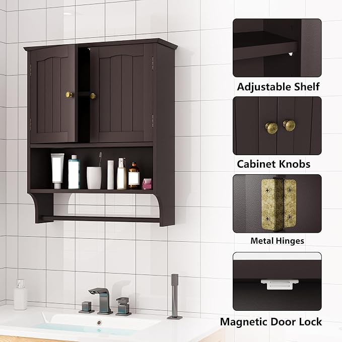 Bathroom Cabinet, Bathroom Wall Cabinet with 2 Doors and Adjustable Shelf, Wooden Medicine Cabinets Wall Mount, Over the Toilet Storage - Image 5
