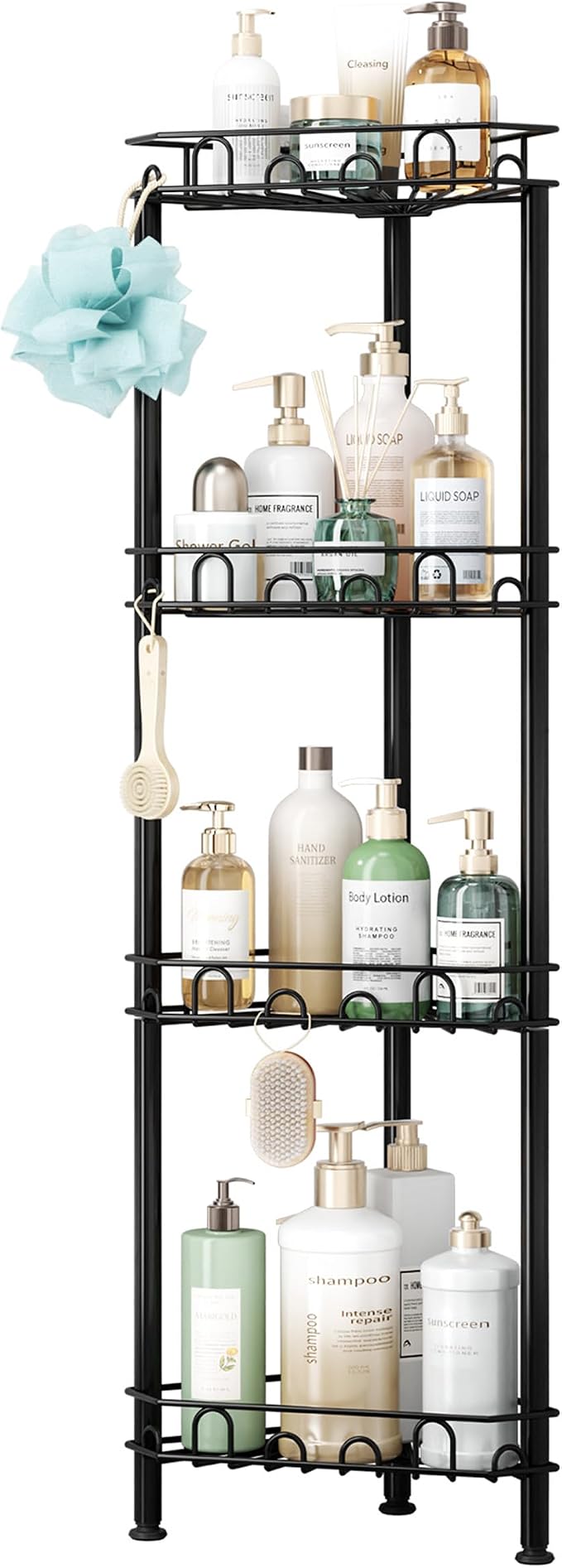 SWTYMIKI Standing Shower Caddy Corner - 4‑Tier Stainless Steel Shower Organizer Shelf with 16 Hooks and Adhesive Pads, Rustproof Corner Shelves Stand Rack for Bathroom Shower Room, Black - Image 8