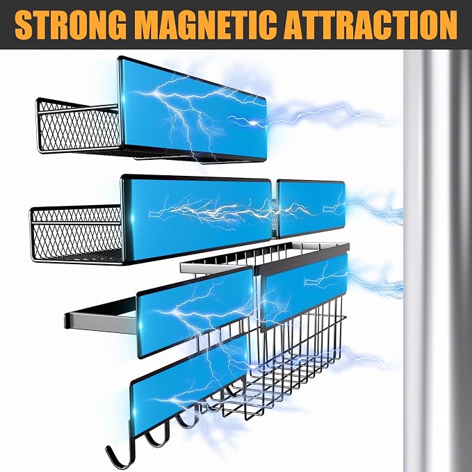 6 Pack Magnetic Shelves for Washing Machine, Magnetic Spice Rack Organizer for Refrigerator, Magnetic Shelf with Hanger Organizer, Metal Magnetic Basket, Laundry Organization and Storage, Black - Image 3