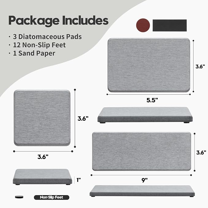 Razborci 3PCS Bathroom Sink Vanity Trays, Quick Stone Drying Mat Dish Soap Dispenser Sponge Holder for Kitchen Counter, Diatomaceous Earth Water Absorbing Caddy Organizer, Light Grey - Image 2