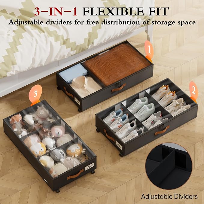 Yecaye Under Bed Storage with Wheels, 2 Pack Under Bed Storage Containers with Adjustable Dividers & Clear Window, Rolling Underbed Organizer Bins Drawers for Clothes, Shoes, Blankets, Black - Image 2