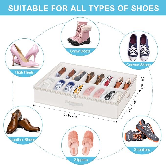 Under Bed Shoe Storage Organizer for Closet, 32 Pairs Sturdy Underbed Shoe Storage Boxes Bins Container Foldable Shoes Storage with Reinforced Handles & Clear Window for College Dorms Beige, Set of 2 - Image 2