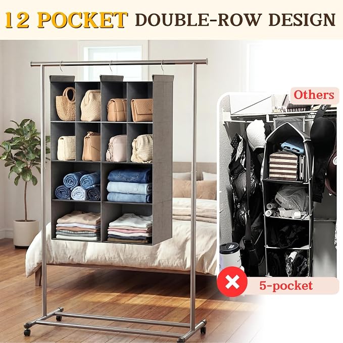 4 Tier Hanging Closet Organizer, 12 Compartments Dual Row Storage, Grey | Closet Organizers and Storage with Large & Small Cubbies, 3 Sturdy Hooks Support Heavy Loads, for Dorm, RV, Garment Rack - Image 3