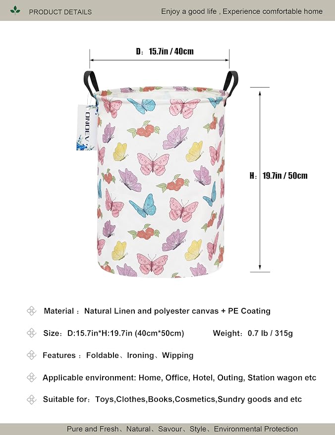 Round Butterfly Laundry Hamper Waterproof Fabric Home Storage - Image 2