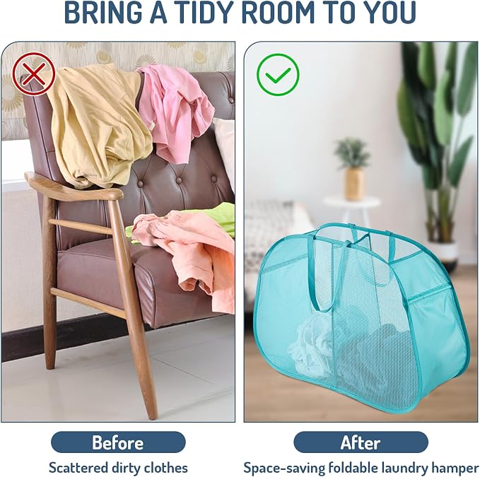 Seiritex Mesh Popup Laundry Hamper 2 Compartment, Collapsible Laundry Sorter Basket Foldable Hamper for Clothes, College Dorm, Travel (Turquoise Blue) - Image 5